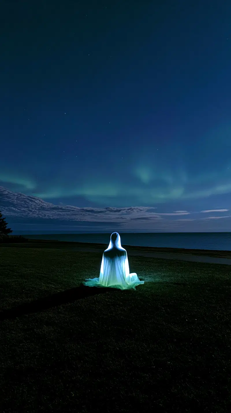 Ethereal figure glowing under a starry sky with northern lights