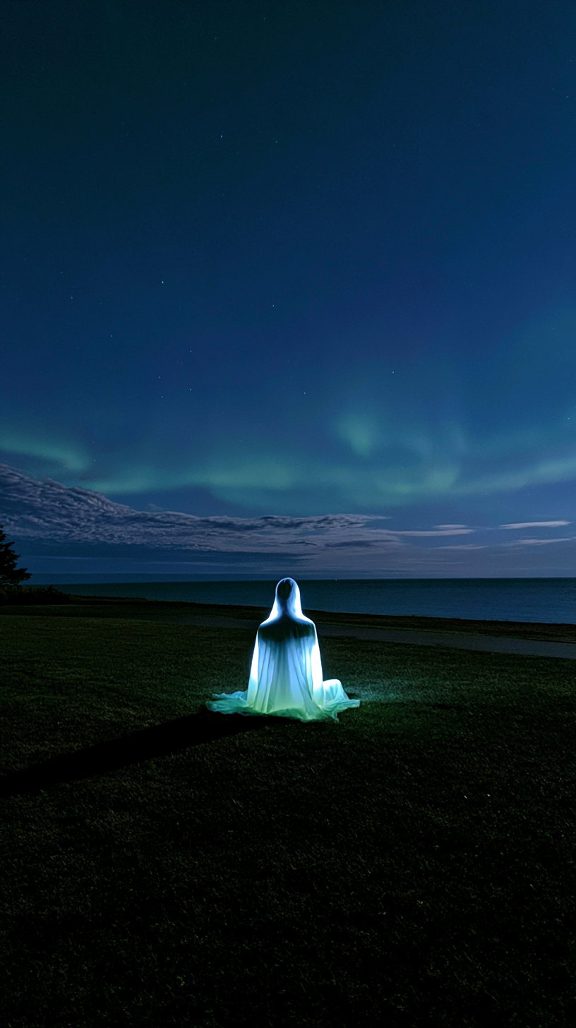 A glowing figure draped in a white sheet sitting on grass at night, with stars, clouds, and northern lights visible in the sky above a distant body of water.