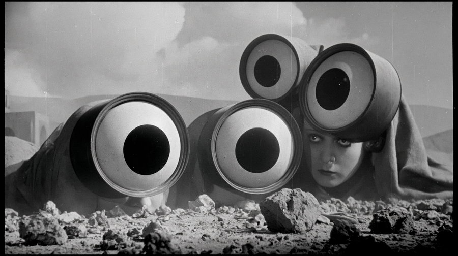 A black and white image showing a woman lying down covered by a cloth with oversized barrels positioned to resemble large eyes on her head and in front of her, surrounded by rocks and an outdoor barren landscape