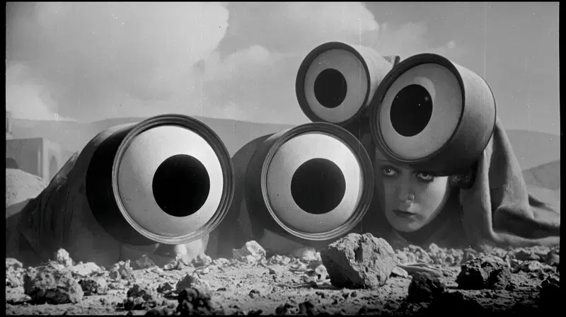 Surreal black and white scene of a woman with large eye-like barrels