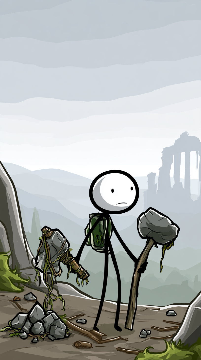 A stick figure with a backpack holding a staff made of rock and wood stands on a rocky path surrounded by broken stones and green vines, with ancient ruined columns visible in the misty background