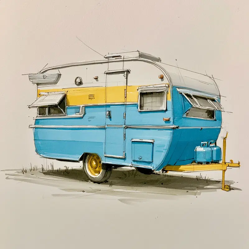 Illustration of a vintage blue and yellow camper trailer with detailed shading