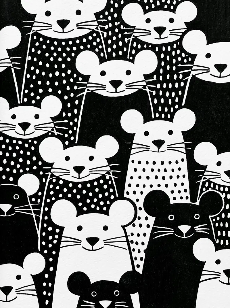 Black and white artistic pattern of multiple mice with simple facial features