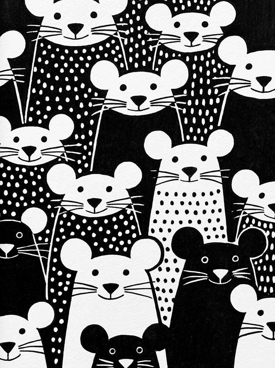 A pattern of stylized black and white mice with round ears, dot eyes, triangular noses, and whiskers. Some mice have dotted body patterns against a contrasting background.