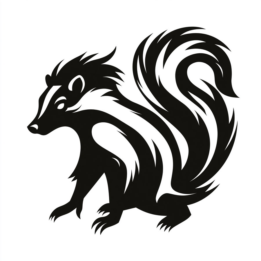 Black and white tribal artwork of a skunk with bold and sharp lines on a white background