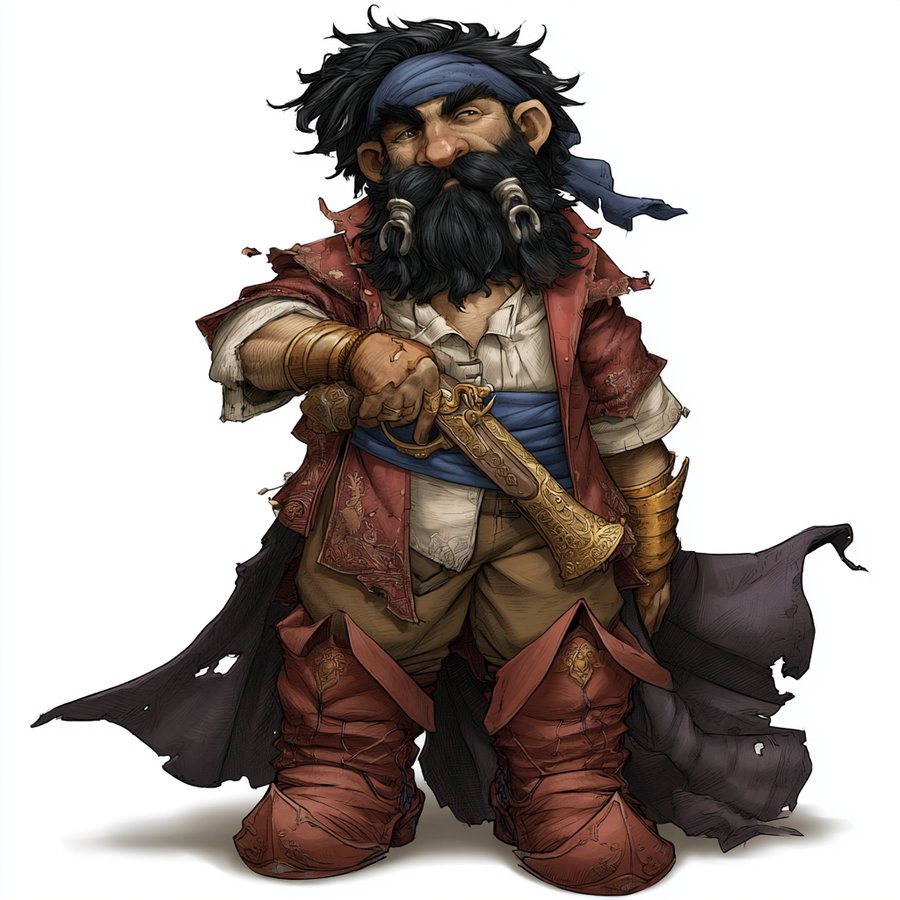 A short, stout man with a thick black beard and wild hair wearing a red tattered coat, a blue belt, and large red boots, holding an ornate golden pistol and a torn black cape.