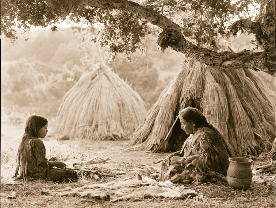 Sepia-toned image showing an elderly person and a child sitting on the ground under tree branches, with two straw huts in the background and a clay pot beside the elder