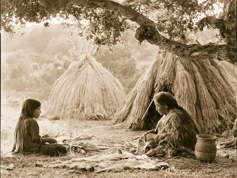 Historic sepia photo of indigenous people sitting near traditional huts