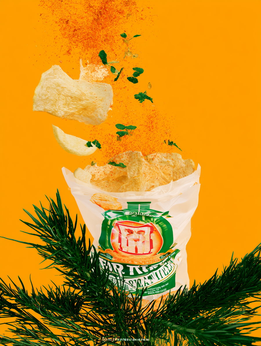 A white and green bag of potato chips with chips floating above it, surrounded by green herbs and red spice particles on an orange background