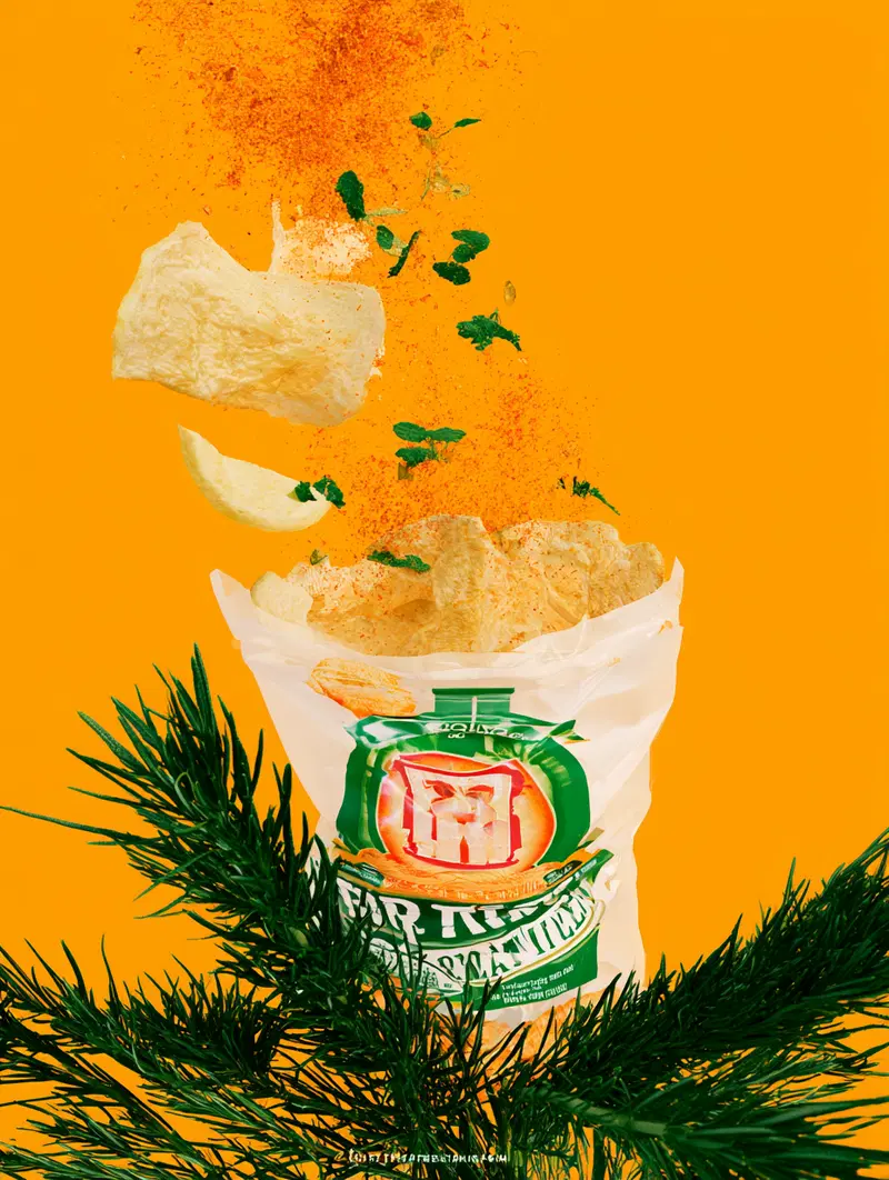 Potato chips falling out of an open bag with herbs and spices around