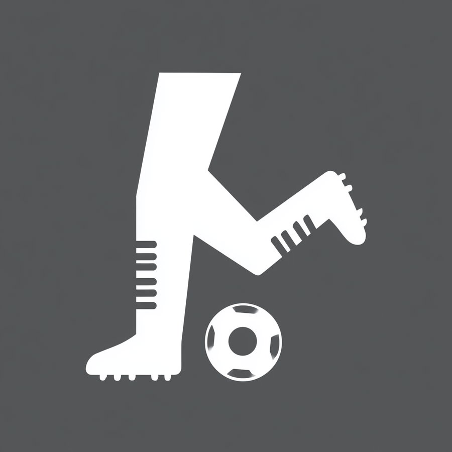 White silhouette of a leg wearing a soccer cleat about to kick a black and white soccer ball on a solid gray background