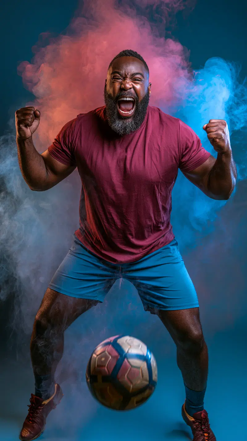 Energetic man cheering with colorful smoke and soccer ball in frame