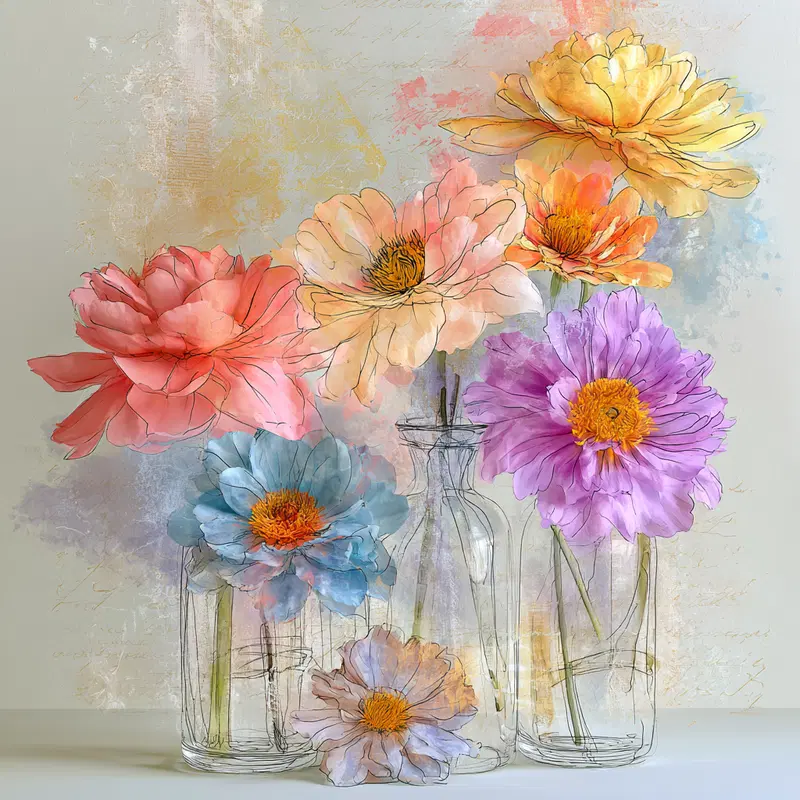 Delicate colorful flowers arranged in transparent glass vases on a neutral background