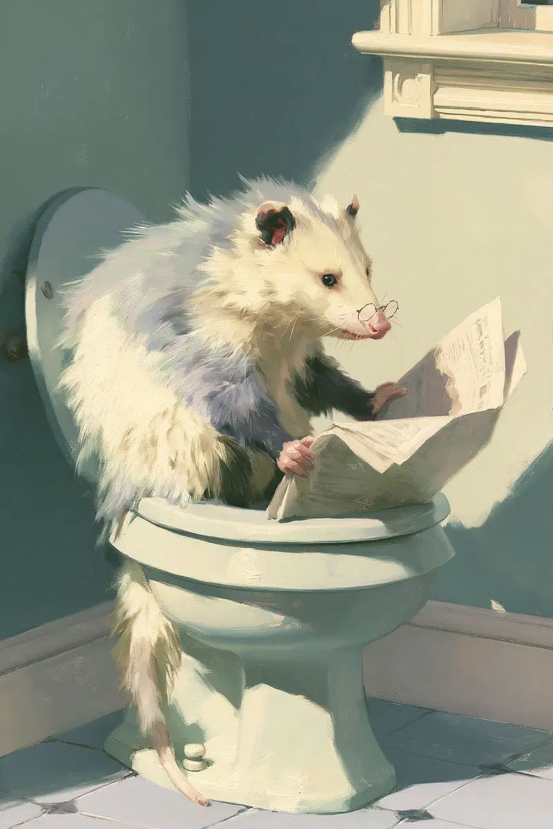 A whimsical possum wearing glasses reading a newspaper on a toilet