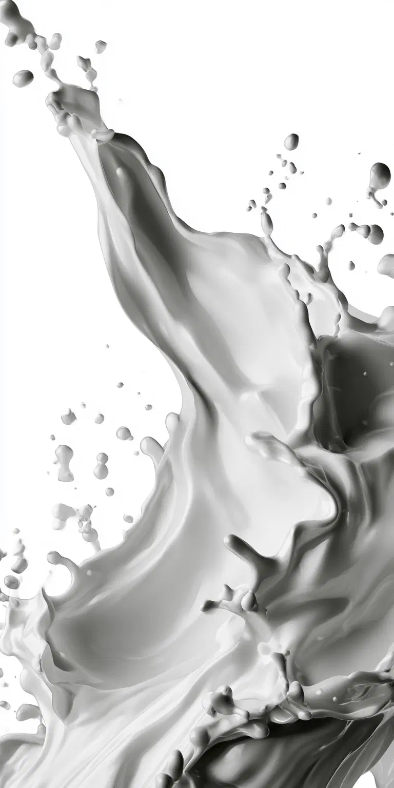 Dynamic splash of white liquid frozen in mid-air over a white background