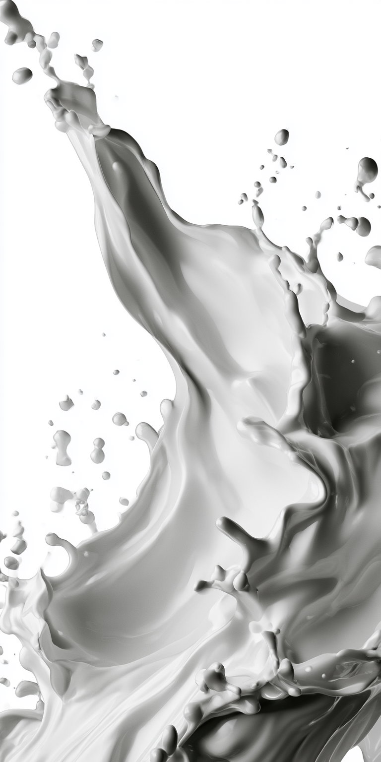 Close-up of a large splash of white liquid captured in motion, with various droplets and fluid shapes against a plain white backdrop