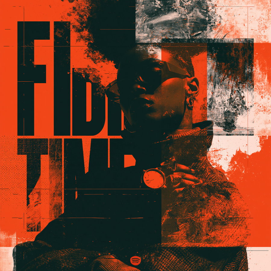 Digital artwork of a person wearing sunglasses and a turtleneck sweater, overlaid with abstract grunge textures and large bold typography in black and orange tones