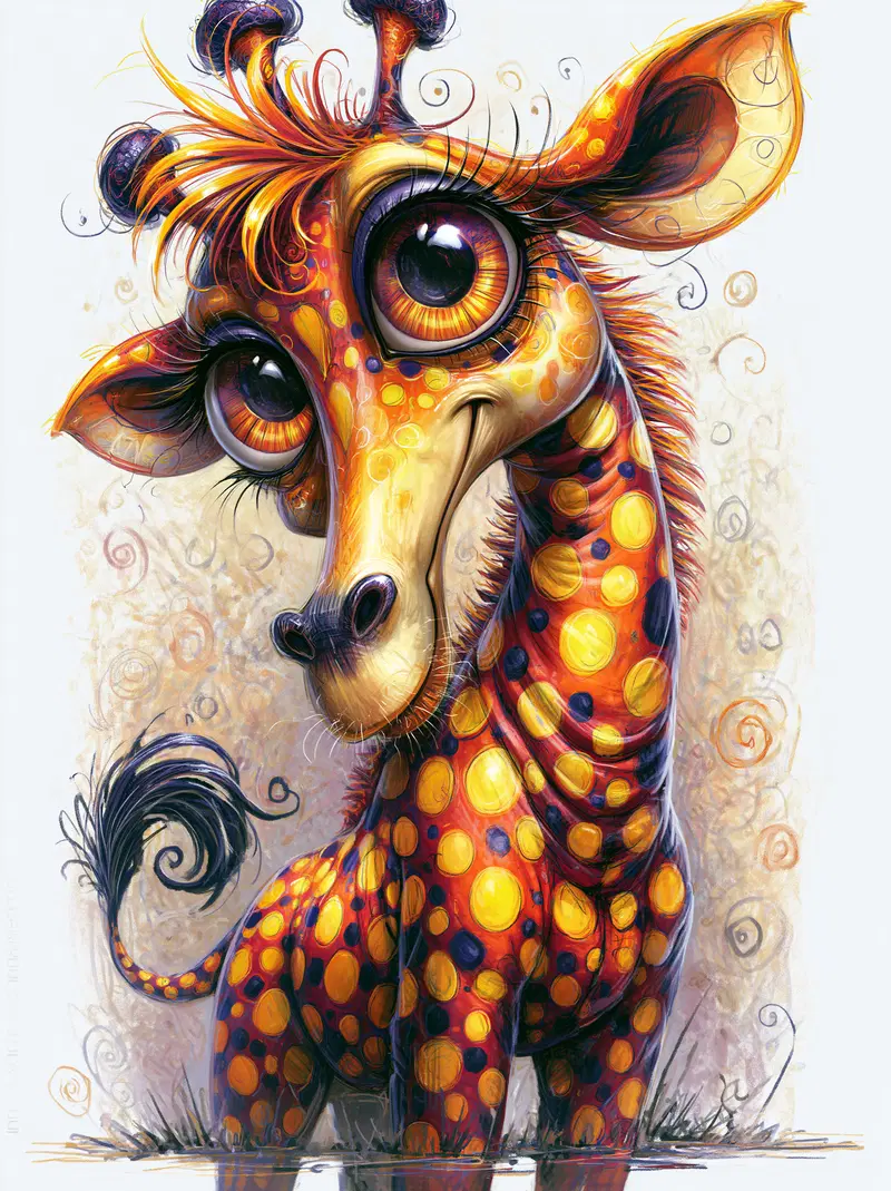 Adorable fantasy giraffe with large eyes and colorful spots