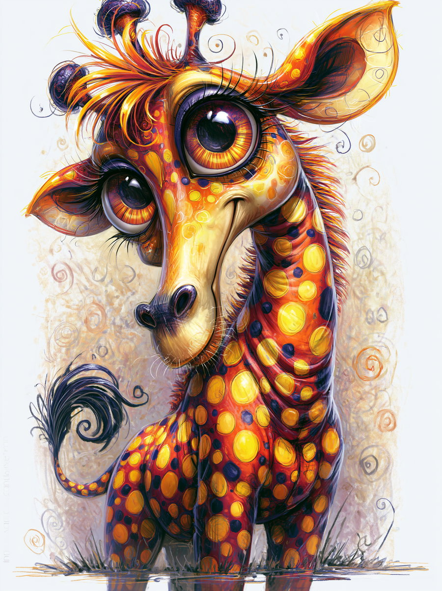 A whimsical illustration of a small giraffe-like creature with huge, expressive eyes, orange skin covered in yellow and dark spots, curly eyelashes, and a fluffy black tail tip, standing on grass with swirling patterns in the background.