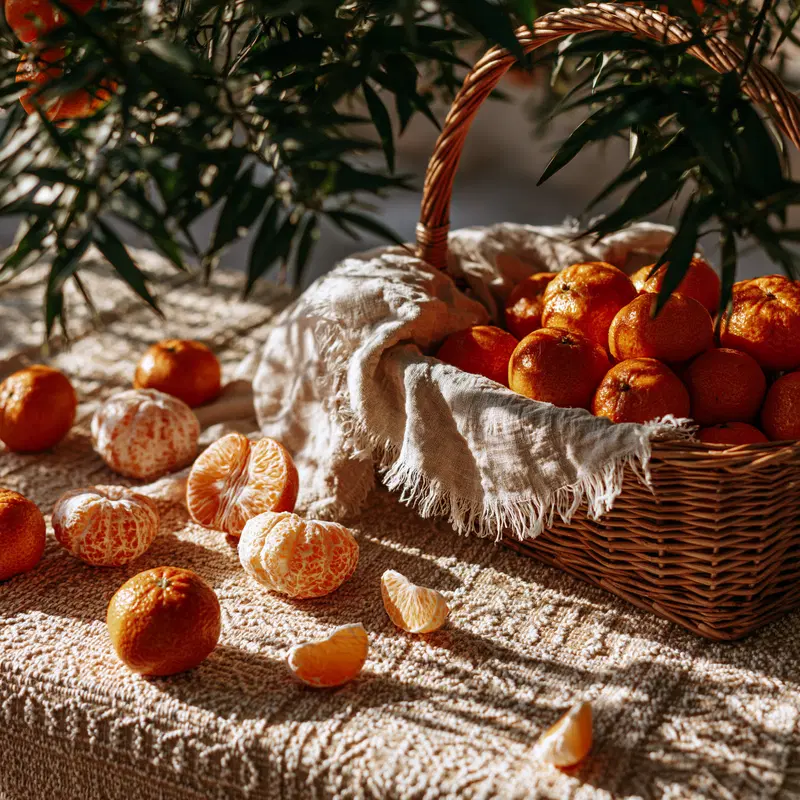 Basket full of fresh tangerines and peeled fruit on textured surface