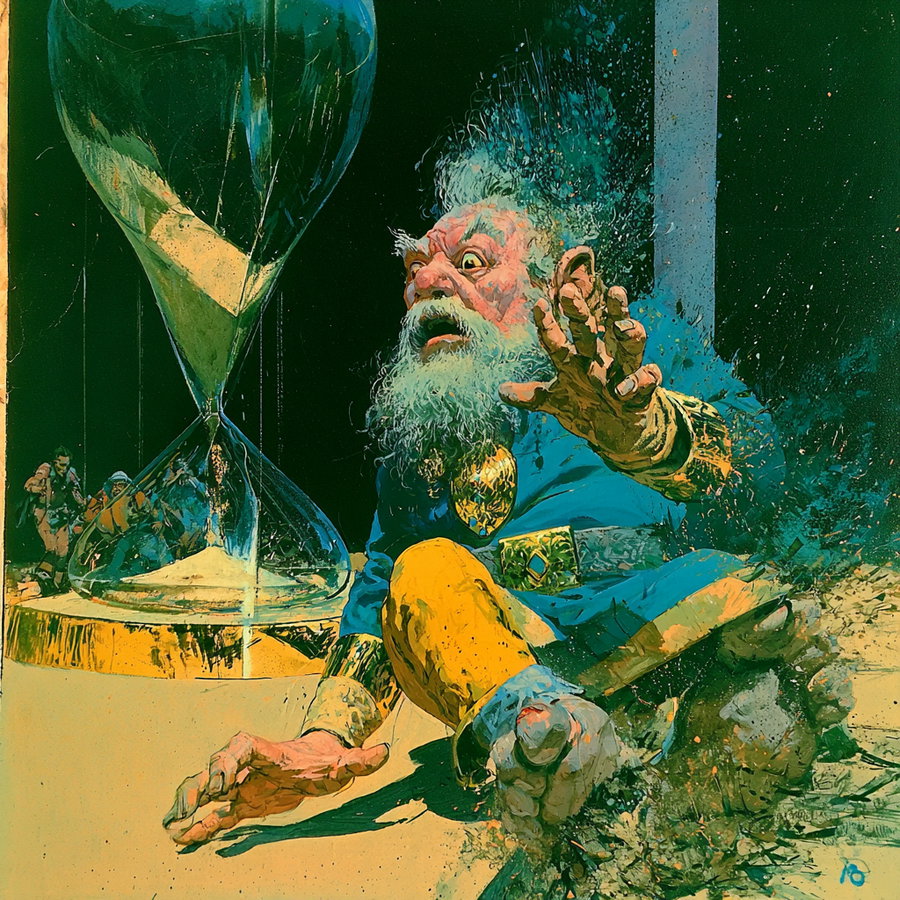 A detailed fantasy painting of an elderly man with a white beard and mustache, wearing a blue and yellow outfit, looking alarmed and reaching out with his hand near a large hourglass with sand flowing. In the background, small figures appear to be moving or climbing beside the hourglass.