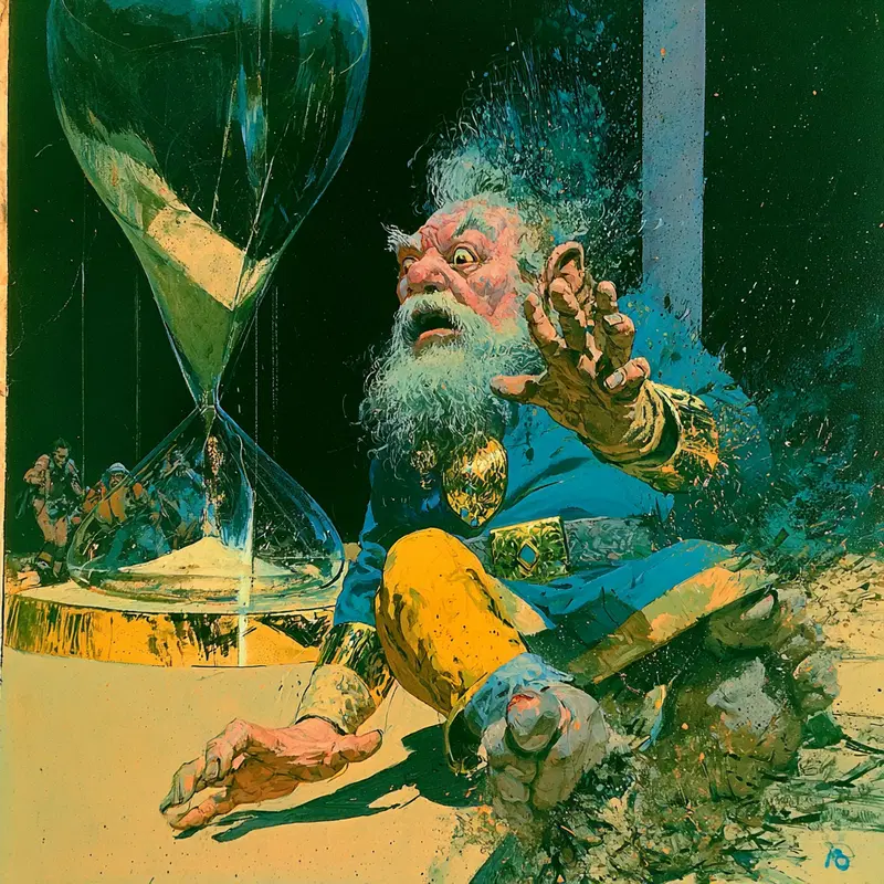 An anxious old character reaching towards a giant hourglass in a dramatic fantasy scene
