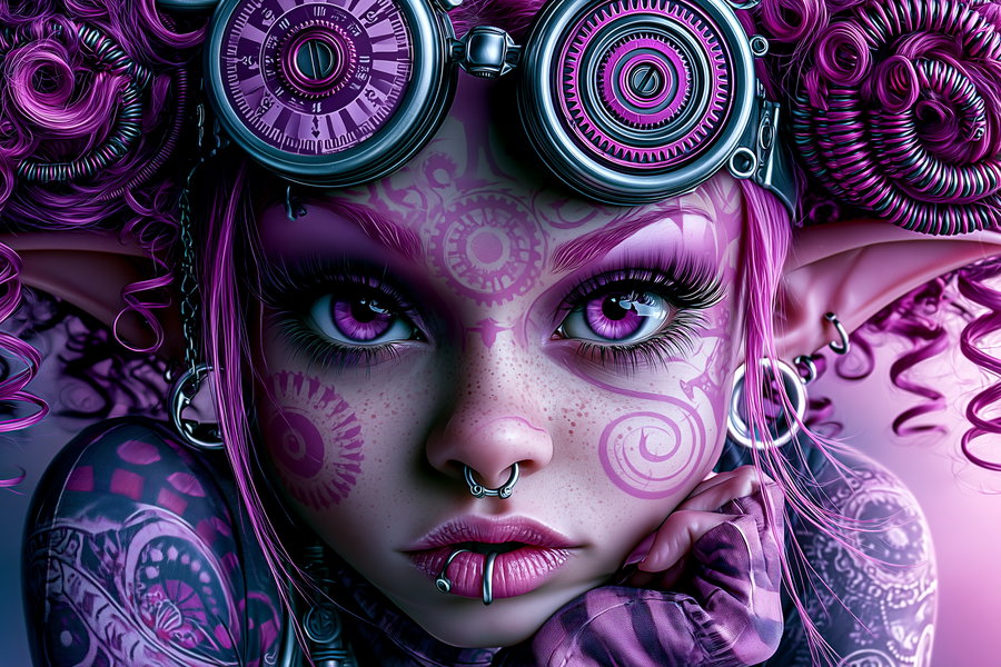 A close-up portrait of a fantasy elf with purple eyes, detailed facial tattoos, pink curly hair styled with steampunk goggles, and multiple piercings on the nose, lips, and ears.