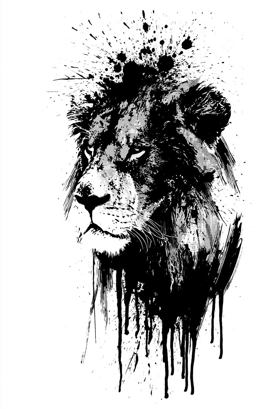 Artistic illustration of a lion's head in black and white with ink splash and paint dripping effects on a white background