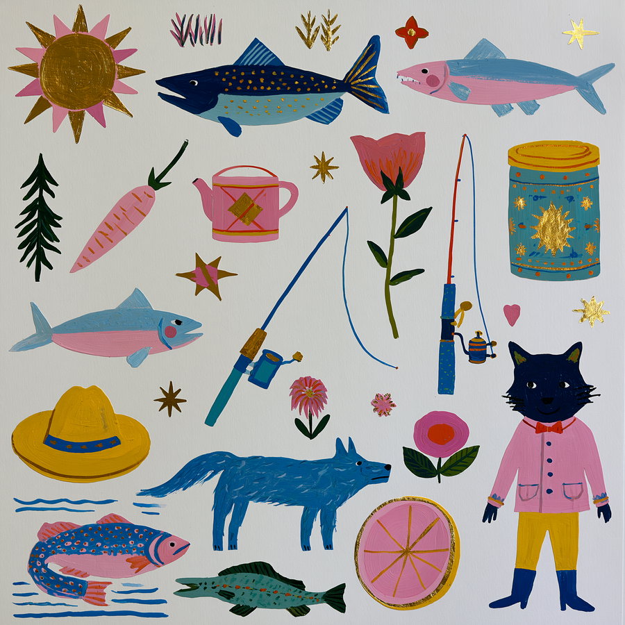 A painted collection of whimsical elements including stylized fish, blue wolf, black cat in pink jacket, fishing rods, carrots, sun, flowers, star shapes, a yellow hat, a tea pot, and other small decorative shapes on a white background.