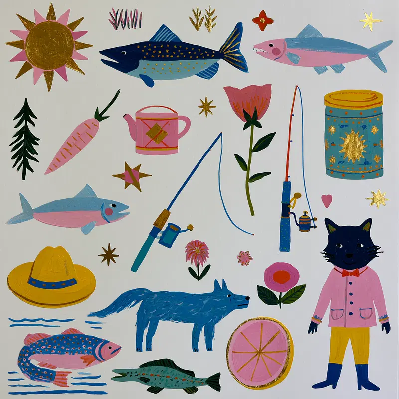 Colorful whimsical mixed collection of animals, flowers, and objects in playful style