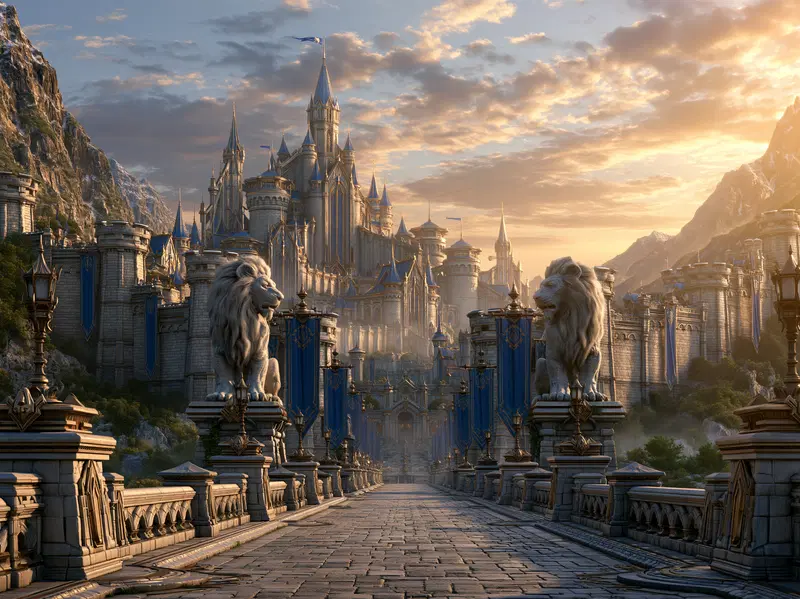 Majestic fantasy castle with stone lions guarding a grand entrance at sunset