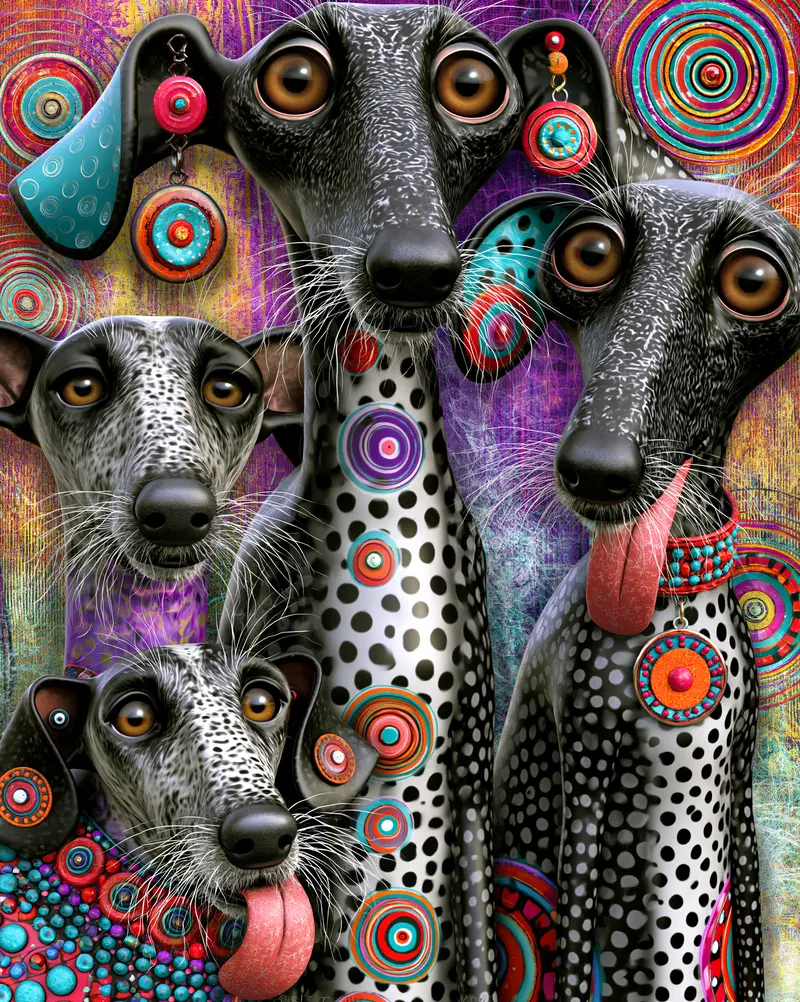 Whimsical portrayal of spotted dogs adorned with colorful circular patterns and accessories