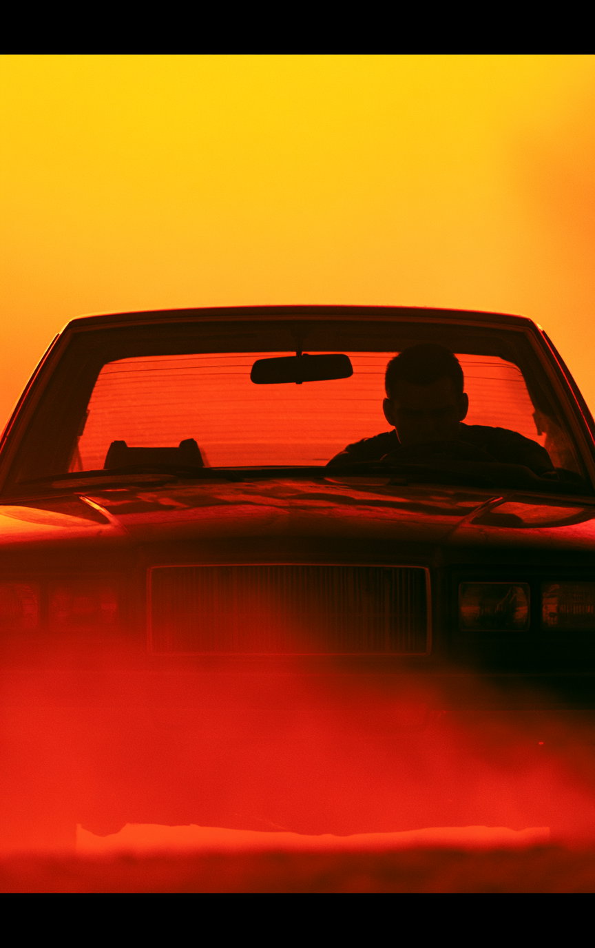 A person sitting inside a classic car, seen in silhouette through the windshield, with a vibrant orange and red sky in the background, creating a dramatic cinematic effect.