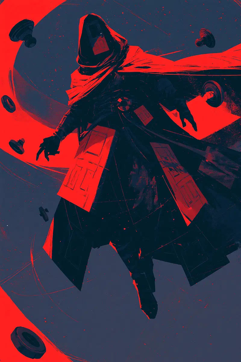 Dark cloaked figure surrounded by floating chess pieces in red and black tones