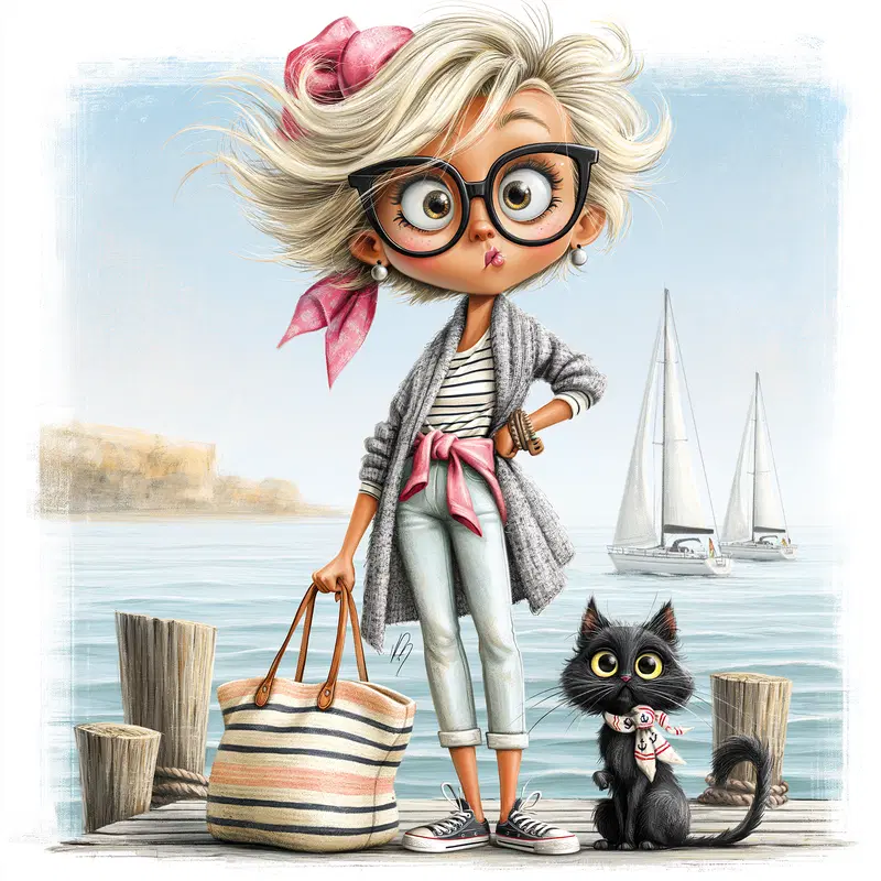 Stylish cartoon woman with cat standing on a wooden pier by the sea