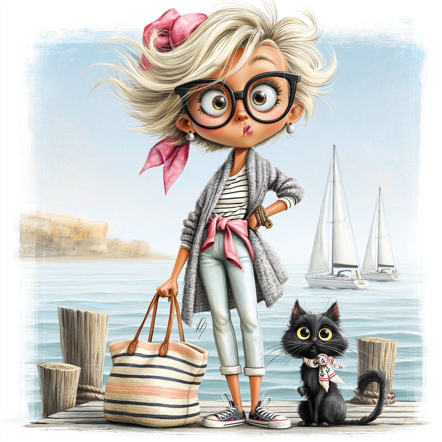Illustration of a woman with large glasses, a pink headscarf, casual clothing, standing on a wooden pier beside a black cat with a scarf, with sailboats and water in the background.