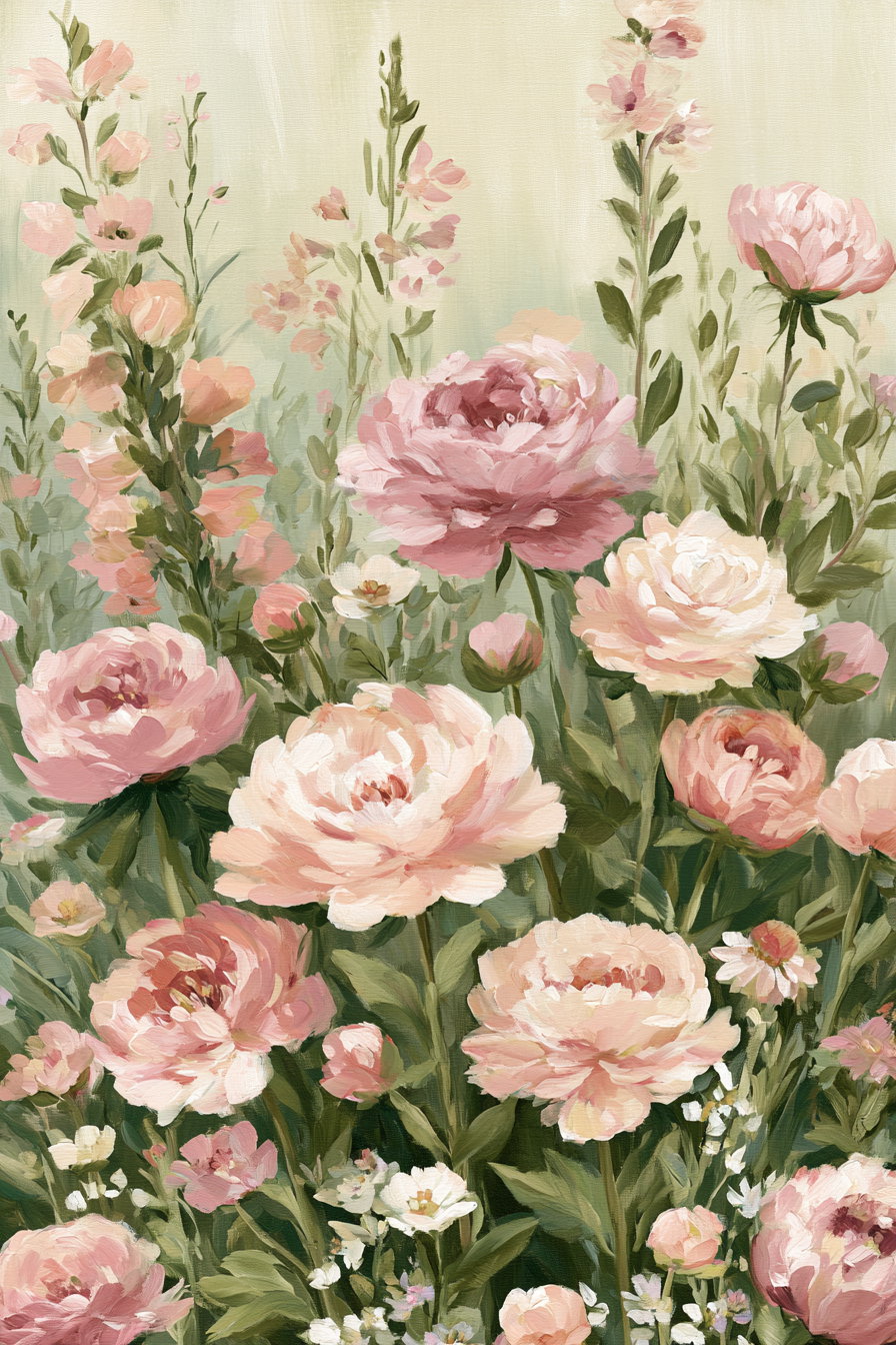 An artistic painting of various pink and white flowers with lush green leaves on a soft beige background.