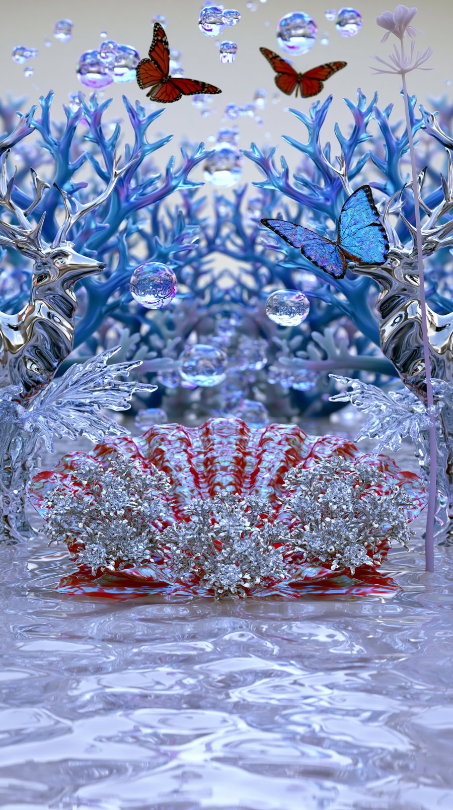A surreal digital artwork depicting shiny metallic deer with blue coral-like antlers, floating transparent spheres, and colorful butterflies in a reflective watery environment with a red and white shell and silver plants