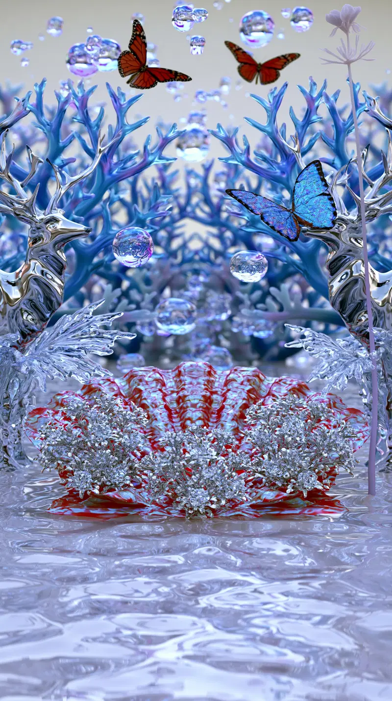 Surreal scene with metallic deer, floating spheres, and vibrant butterflies