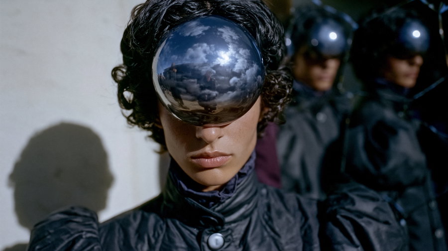 Close-up of a model wearing a shiny black outfit and a large reflective metallic sphere covering the eyes, with two similar models in the background wearing the same look