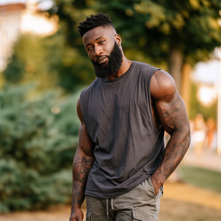 A muscular man with a beard and tattoos on his arms wearing a sleeveless gray shirt and cargo shorts standing outside with trees and blurred background