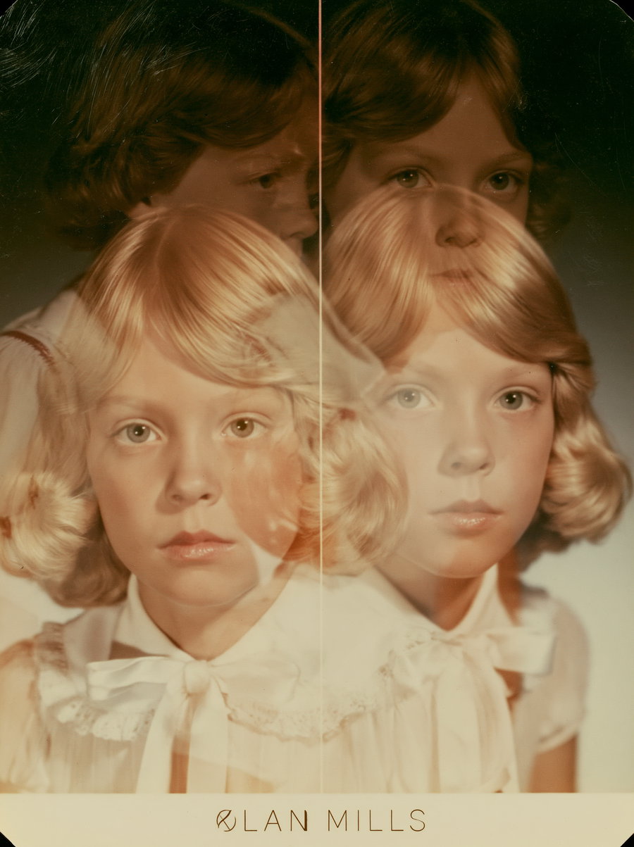 Portrait of a young girl with blonde hair and a white dress featuring a lace collar and bow, shown with a double exposure effect creating multiple overlapping faces.
