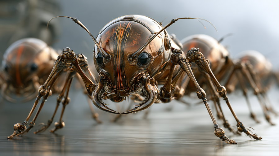 A group of robotic ants with detailed metallic exoskeletons and articulated legs on a smooth surface, with a slightly blurred background.