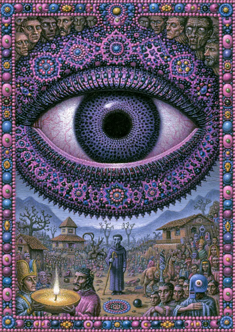 Surreal fantasy artwork depicting a large ornate eye overlooking a mystical village scene with diverse characters