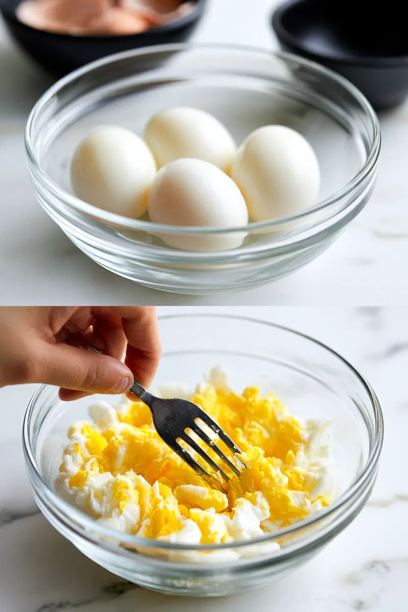 Boiled eggs being prepared with yolks mashed in a glass bowl