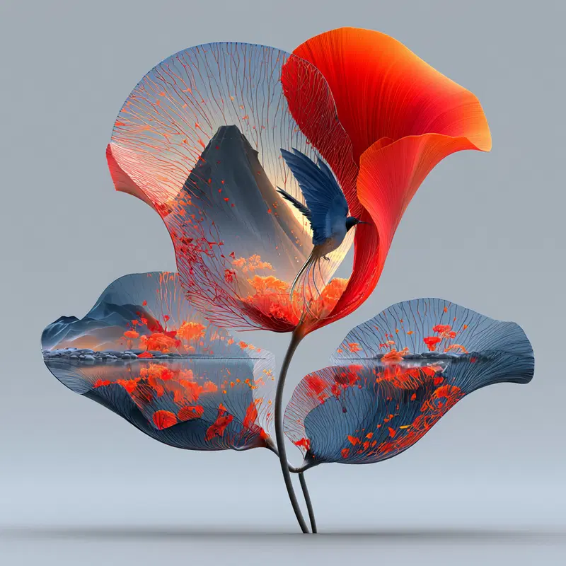Surreal fantasy composition with delicate translucent flowers and a bird near a mountain