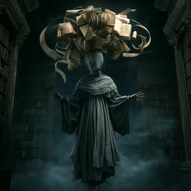 Dark fantasy figure levitating with a halo of magical floating books in a mysterious ancient library