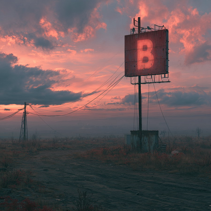 A rural, desolate landscape at dusk with a dirt path and a large rusty signpost displaying the letter B illuminated in red. Power lines stretch across the scene with a dramatic cloudy sky in shades of red and pink.
