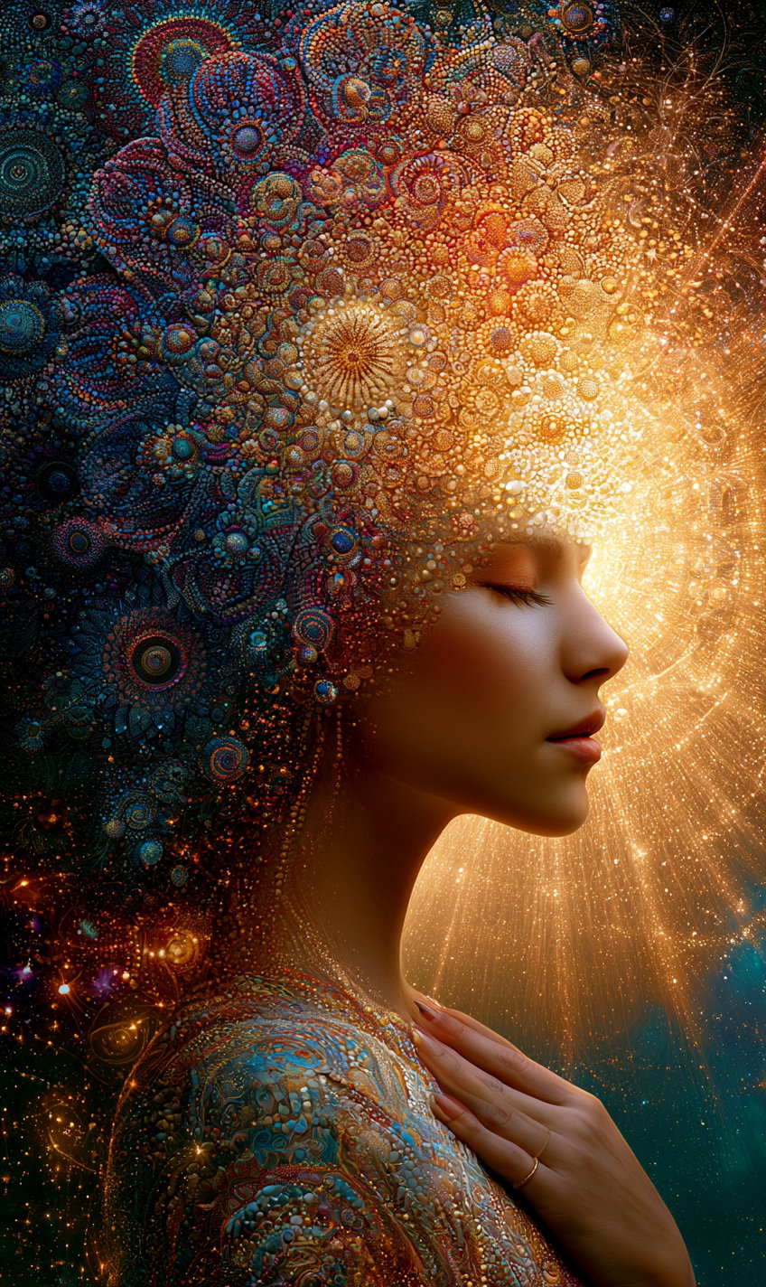 Profile view of a woman with closed eyes and hand near chest, adorned with a vibrant, detailed headdress emitting golden light and patterns
