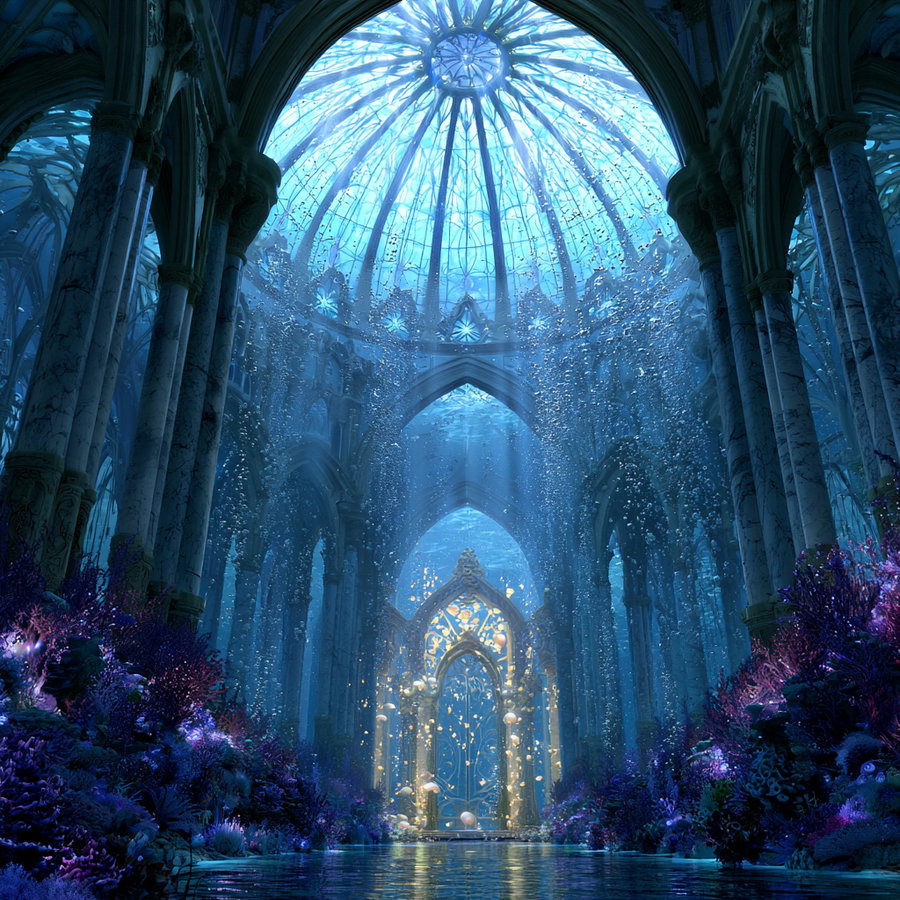 Underwater scene featuring a grand cathedral with stained glass dome, glowing ornate door, and abundant purple and blue marine flora surrounding a reflective water floor
